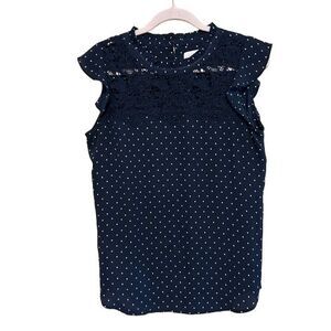 Loft Polka Dot Top Women Medium Navy White Ruffle Cap Sleeve Crochet Lace Blouse